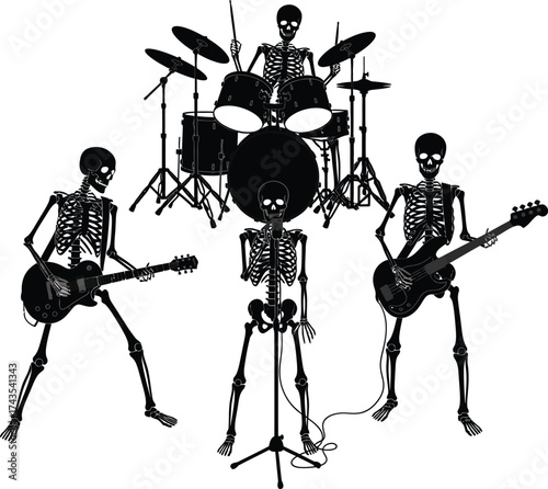 Skeleton Band Playing Music with Guitars and Drums on White Background Keywords: Halloween, skeletons, band, music, playing, guitar