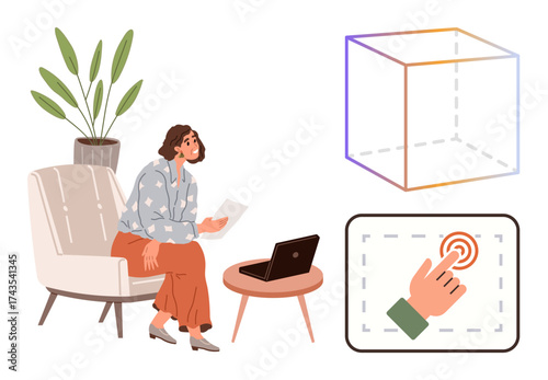 Woman seated on chair analyzing document with laptop on table. Includes a 3D cube wireframe and hand touching an interactive screen. Ideal for technology, innovation, design, analysis, remote work