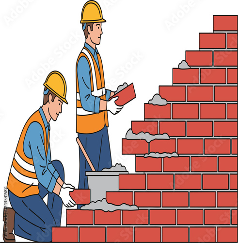 Team of Construction Workers Building Brick Wall