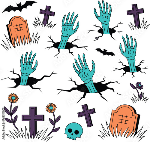 Spooky Halloween Elements with Zombie Hands, Gravestones, Bats, and Flowers Keywords: halloween, spooky, zombie hands, gravestones