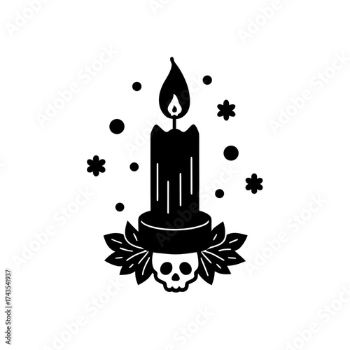 Candle with skull and leaves silhouette art on transparent background
