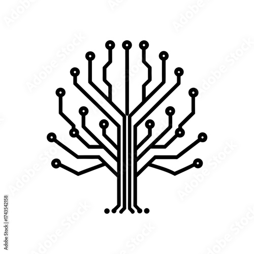 Circuit tree with branches and connectors on transparent background silhouette