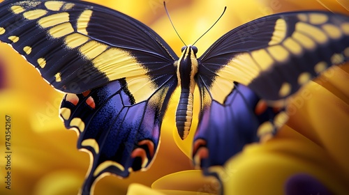 Elegant butterfly with yellow and blue wings resting on a flower, closeup