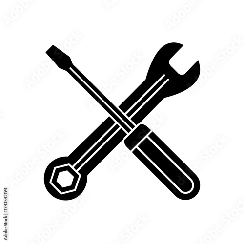 Screwdriver and wrench crossed in black on transparent background silhouette