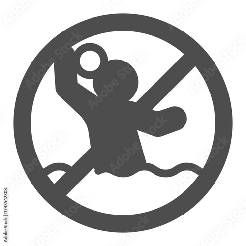 Man with ball in water ban solid icon, swimming and playing concept. Vector graphics. Forbidden, prohibited item sign on white background, glyph style icon for mobile or web design.