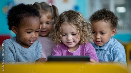 Four diverse young children huddle around a tablet engrossed in digital learning and interaction within a bright colorful classroom