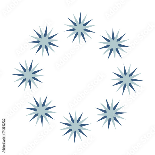 Round holiday frame of snowflakes. Star shapes. Flat vector design. One illustration isolated on  white background. Blue and gray color.