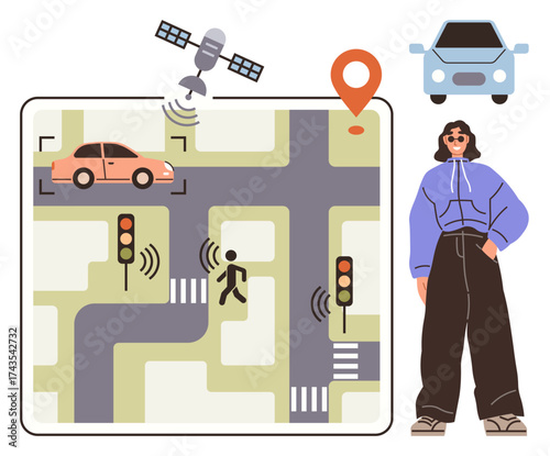 Smart car on a digital map monitored via satellite, pedestrian crossings with signals, GPS pin, stylish person observing. Ideal for city planning, smart technology, GPS, traffic management