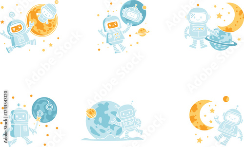 Cute cartoon robots exploring outer space with planets, moons, and stars, futuristic space adventure, vector illustration on white background for kids.
