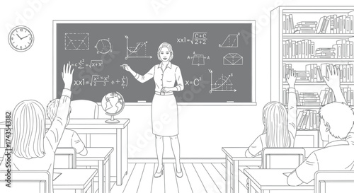 Classroom scene with teacher at blackboard and students raising hands in a black and white illustration