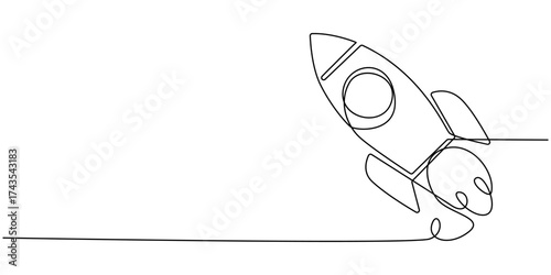 One continuous line drawing of simple retro spacecraft flying up to the outer space nebula, Rocket space ship launch into universe concept, Rocket space ship launch into universe concept. 
