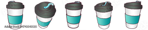 Takeaway Coffee Cup with Lid and Sleeve – Cute Hand Drawn Reusable Cup Clipart for Cafe, Beverage and Morning Drink Theme