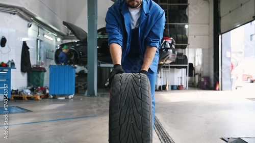 front view, the hands of a car mechanic rolling a wheel in the workshop