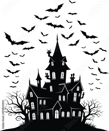 Spooky Haunted Mansion Silhouette with Bats Flying in a Dark Sky Halloween haunted house