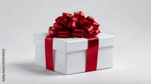 A white gift box elegantly wrapped with a vibrant red ribbon and a luxurious bow presented on a clean seamless grey background with soft shadows