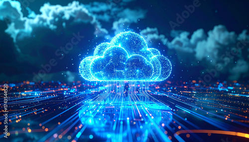 Digital Cloud Network: A vibrant illustration of a glowing digital cloud, a beacon of the future, intricately connected to a dynamic network of data streams.