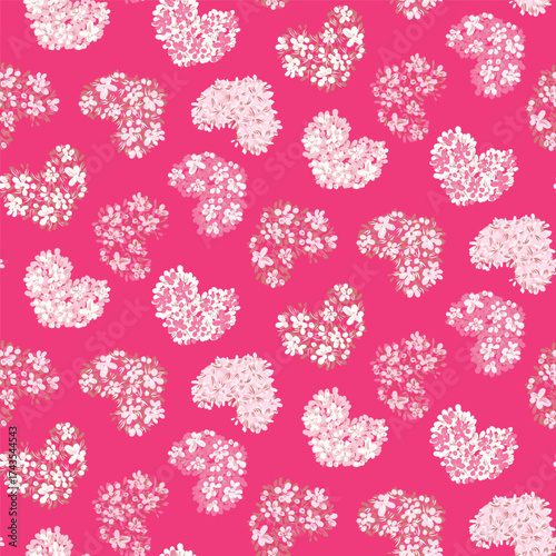 Pretty hand drawn flowers forming maximalist heart bouquets in colors of off white and shades of pink. Valentine’s Day seamless vector pattern. Great for home decor, fabric, wallpaper, gift wrap, etc.