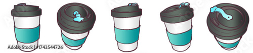 Takeaway Coffee Cup with Lid and Sleeve – Cute Hand Drawn Reusable Cup Clipart for Cafe, Beverage and Morning Drink Theme