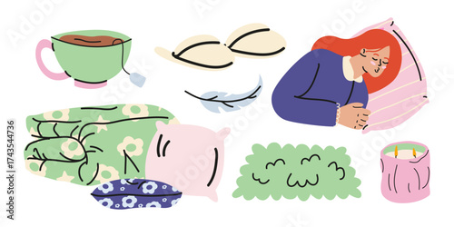 Good night flat elements set. Sleep, relax, night stickers. Girls character, pillow, tea cup, slippers. Trendy good night vector illustrations in doodle retro style
