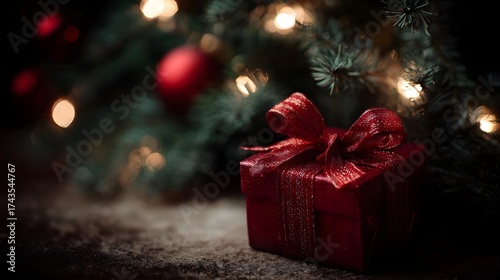 A red Christmas gift with a ribbon sits beneath a decorated tree illuminated by warm lights