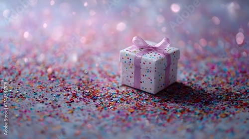 A small colorful polka dot gift box with a pink ribbon sits amidst vibrant confetti illuminated by soft festive lights
