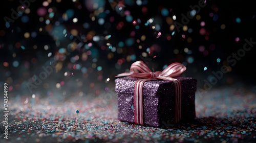 A sparkling purple gift box with a festive ribbon sits amidst falling confetti creating a celebratory mood