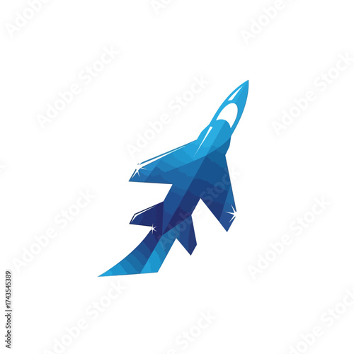 Geometric illustration of a blue jet airplane soaring upwards with a trail.