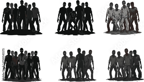 Dark Silhouette Zombie Horde Vector for Horror Themes, Halloween Designs, Apocalyptic Posters, Undead Game Assets, and Scary Artwork Use
