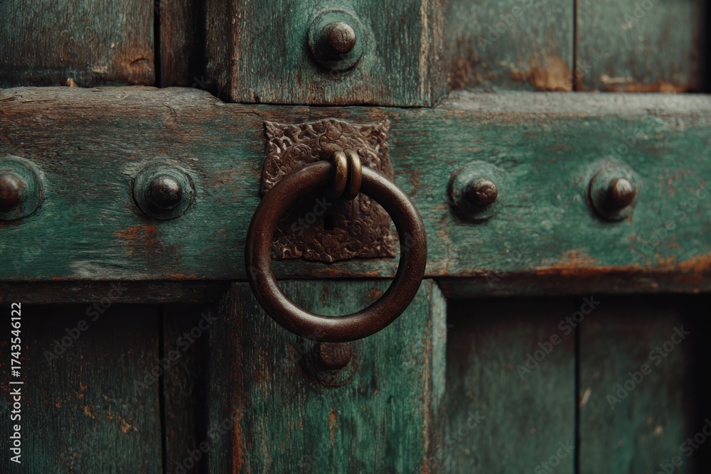 Fototapeta premium Close-up of an aged, weathered, turquoise-painted wooden door with a metal ring handle