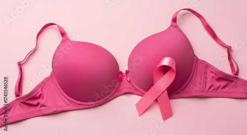 Empowering pink bra with ribbon for breast cancer awareness, hope, support, and early detection