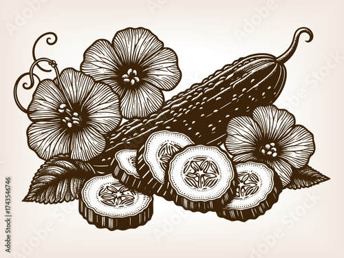 whole and sliced cucumbers surrounded by leaves and blossoms, symbolizing gardening, freshness, and natural produce ketch engraving generative ai vector illustration. Scratch board. Black and white.