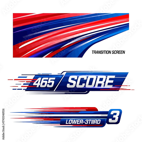 Dynamic graphic elements for sports broadcasting, including a transition screen, score display, and lower-third graphic.