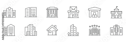 Building icon set. Building web icon in outline style. Buildings in various architectural styles icon collection. Vector illustration.