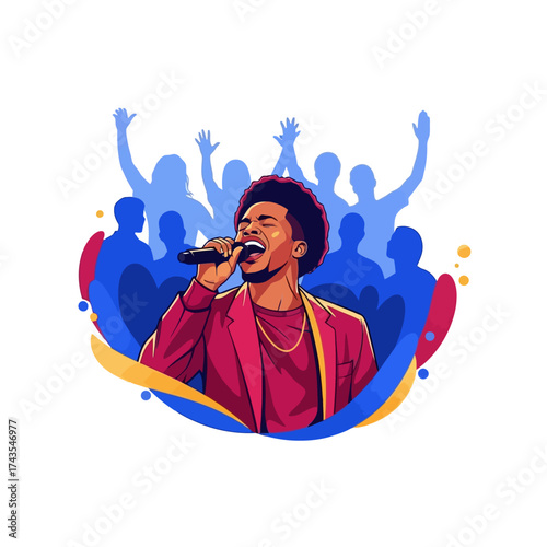 Vector illustration of a charismatic male singer with an afro performing on stage for a cheering crowd.