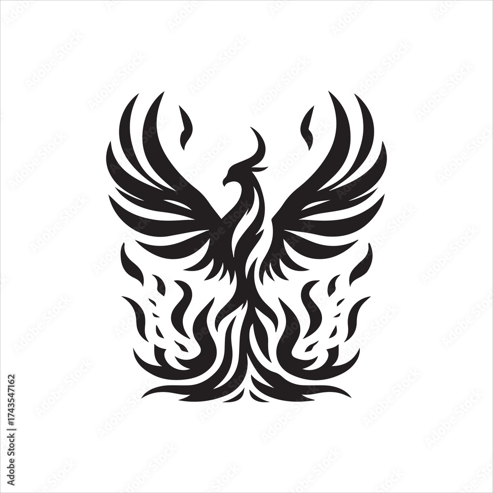 Obraz premium Stylized Phoenix Rising with FlameShaped Feathers in Bold Black Silhouette.