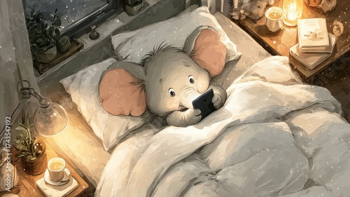 Cartoon baby elephant character sitting in cozy bed, holding smartphone, surrounded by soft pillows and warm lighting, creating a relaxed and whimsical atmosphere for storytelling