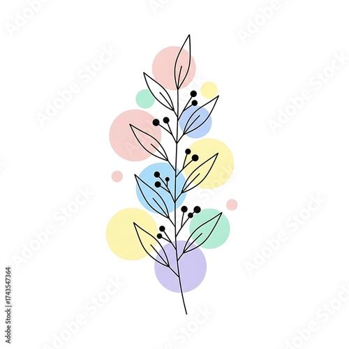 Minimalist Botanical Line Art of a Branch with Abstract Pastel Color Circles.