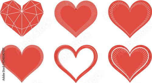 Six red heart icons symbolizing love and romance for Valentine's day designs