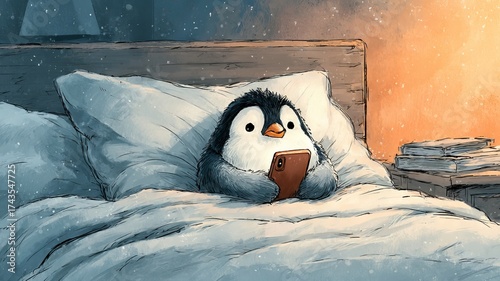 Cartoon baby penguin character sitting in cozy bed, holding smartphone, surrounded by soft pillows and warm lighting, creating a relaxed and whimsical atmosphere for storytelling