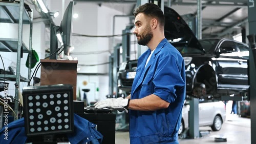 Standing by the display. Mechanic working in a car service station.