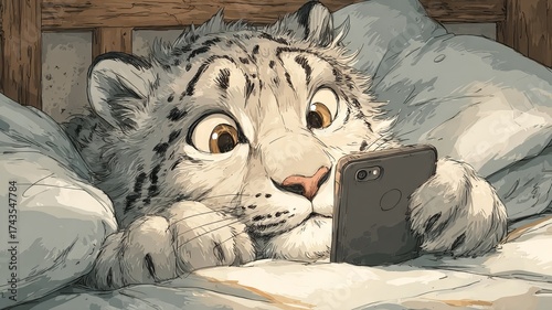 Cartoon snow leopard character sitting in cozy bed, holding smartphone, surrounded by soft pillows and warm lighting, creating a relaxed and whimsical atmosphere for storytelling