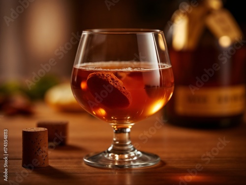 A creative advertising shot featuring a glass of sherry where every subtle reflection and play of light emphasize the drink’s depth and richness