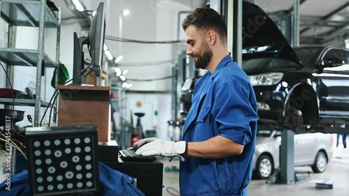 Standing by the display. Mechanic working in a car service station.