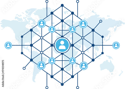 Global network of interconnected people and technology on a digital world map background