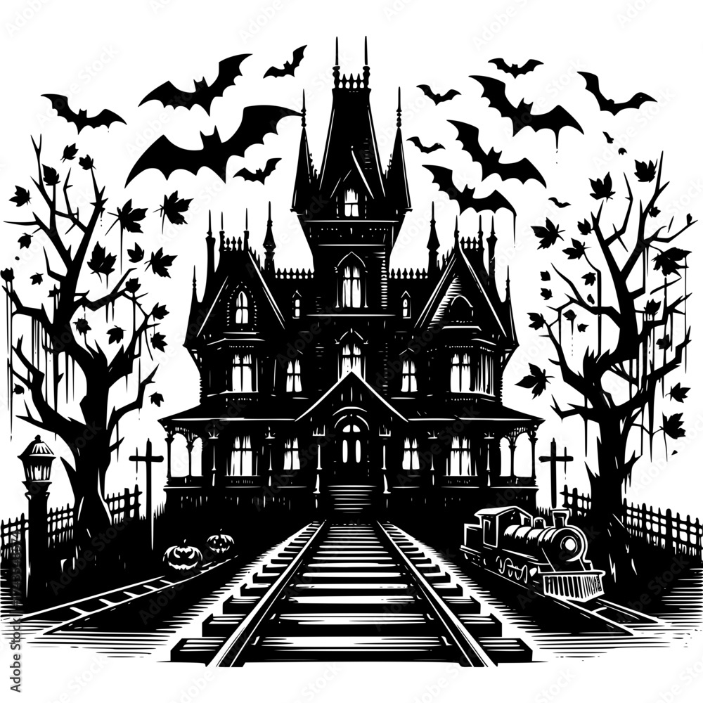 Fototapeta premium Mysterious Mansion Illustration: A spooky and ominous haunted mansion stands silhouetted against a dark sky, with bats swirling above and bare trees casting eerie shadows.