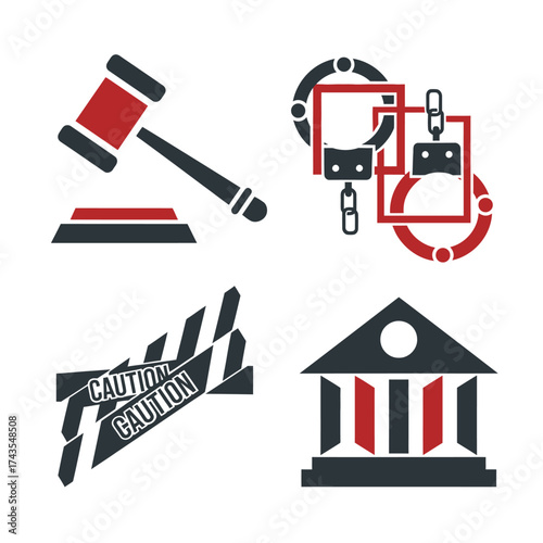 A set of four red and black icons representing law, justice, caution, and legal institutions.