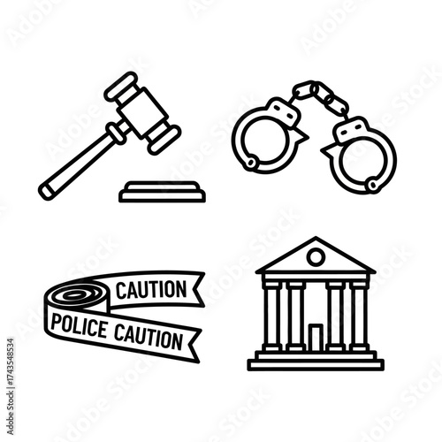 Line art illustration of law and crime related objects.