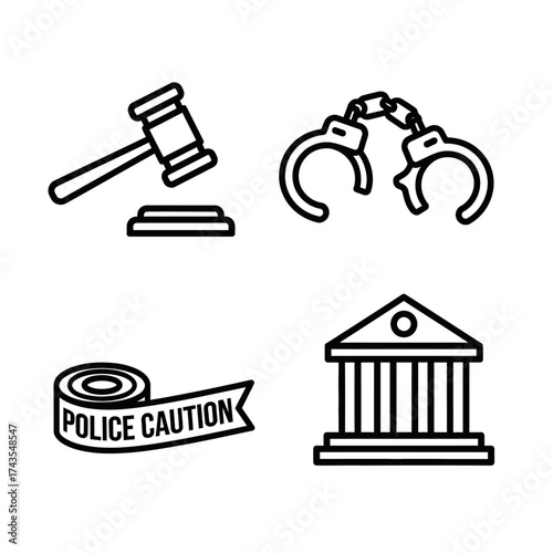 A collection of four black and white line art icons representing law and order, including a gavel, handcuffs, police caution tape, and a courthouse building.
