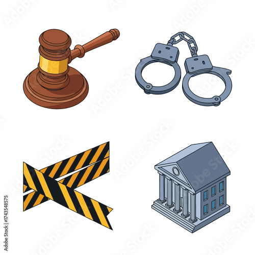 A collection of four isometric icons representing legal and justice concepts, including a gavel, handcuffs, caution tape, and a courthouse.