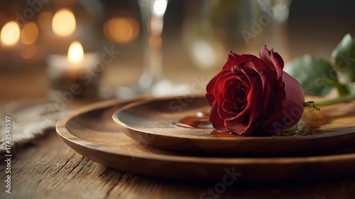 Wallpaper Mural A single, vibrant red rose rests gracefully on a wooden plate, illuminated by a soft, warm glow from a candle, creating a romantic and intimate atmosphere with soft bokeh in the background, perfect... Torontodigital.ca